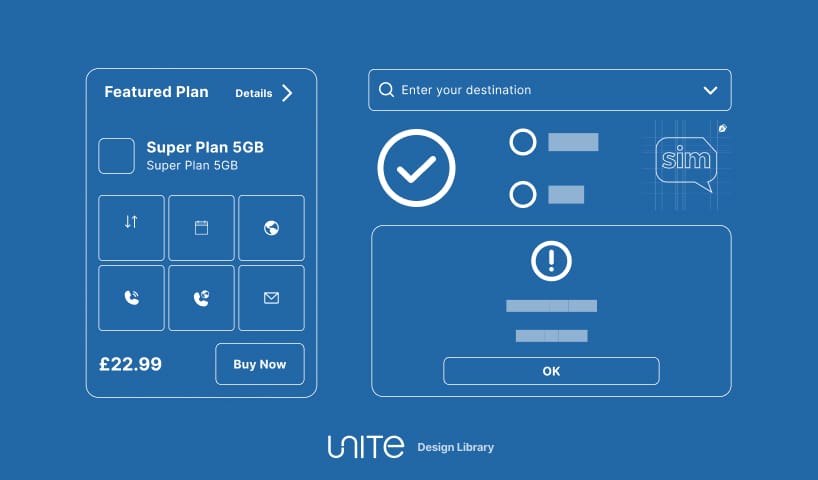 page cover - a set of design components in a wireframe style, against a blue background. Title, UNITE design library.