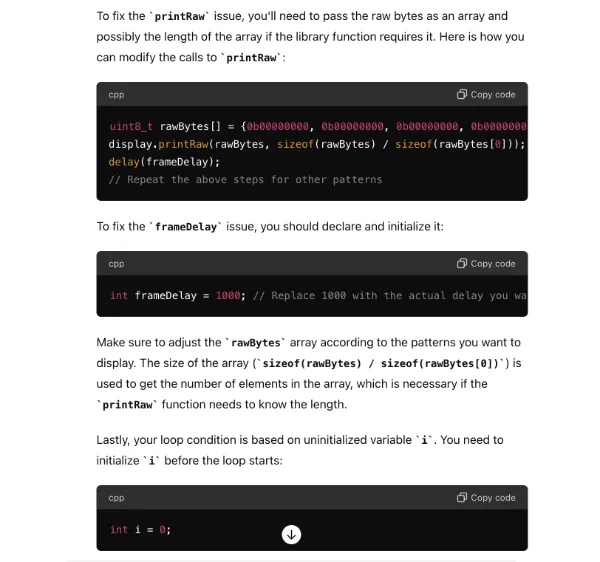 A screenshot of a conversation with Chat GPT providing guidance on printing outputs to the display.