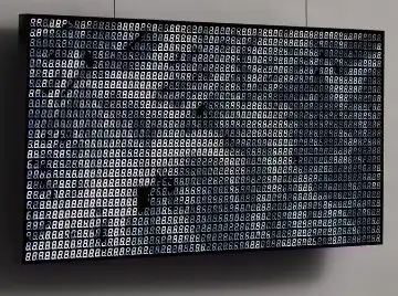 A photograph of a large panel constructed of 12,888 7-segment displays, displaying a monochrome image of the sea.